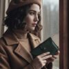 ショートのウェーブがかったダークヘアの女性が、ヴィンテージスタイルのブラウンコートとベレー帽を身につけ、ラスティックな木製の窓のそばに立っている。彼女は深緑のコンパクトなレザーウォレットを持ち、それにはアンティーク風の真鍮のボタンがついている。