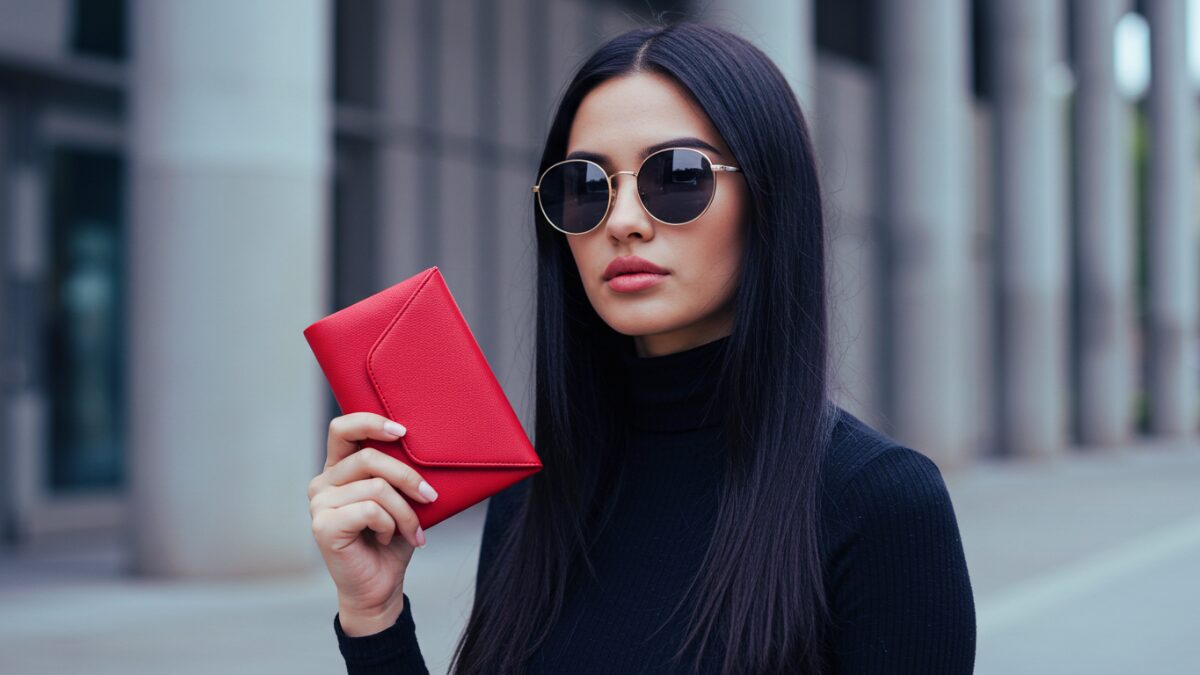 ロングストレートの黒髪の若い女性が、黒のタートルネックとサングラスを身につけ、モダンな建築が広がる都会の背景の前に立っている。彼女はコンパクトな赤いレザーウォレットを片手に持ち、自信に満ちたファッションスタイルを演出している。