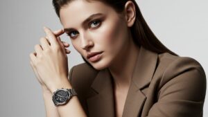 高級腕時計を身につけ、エレガントにポーズをとるモダンで洗練された女性モデル。自信に満ちた表情、すらりとしたヘアスタイル、スタイリッシュな高級服を身に着けている。背景はミニマルでソフトなライティングを施し、腕時計のディテールと彼女の洗練された表情を強調している。
