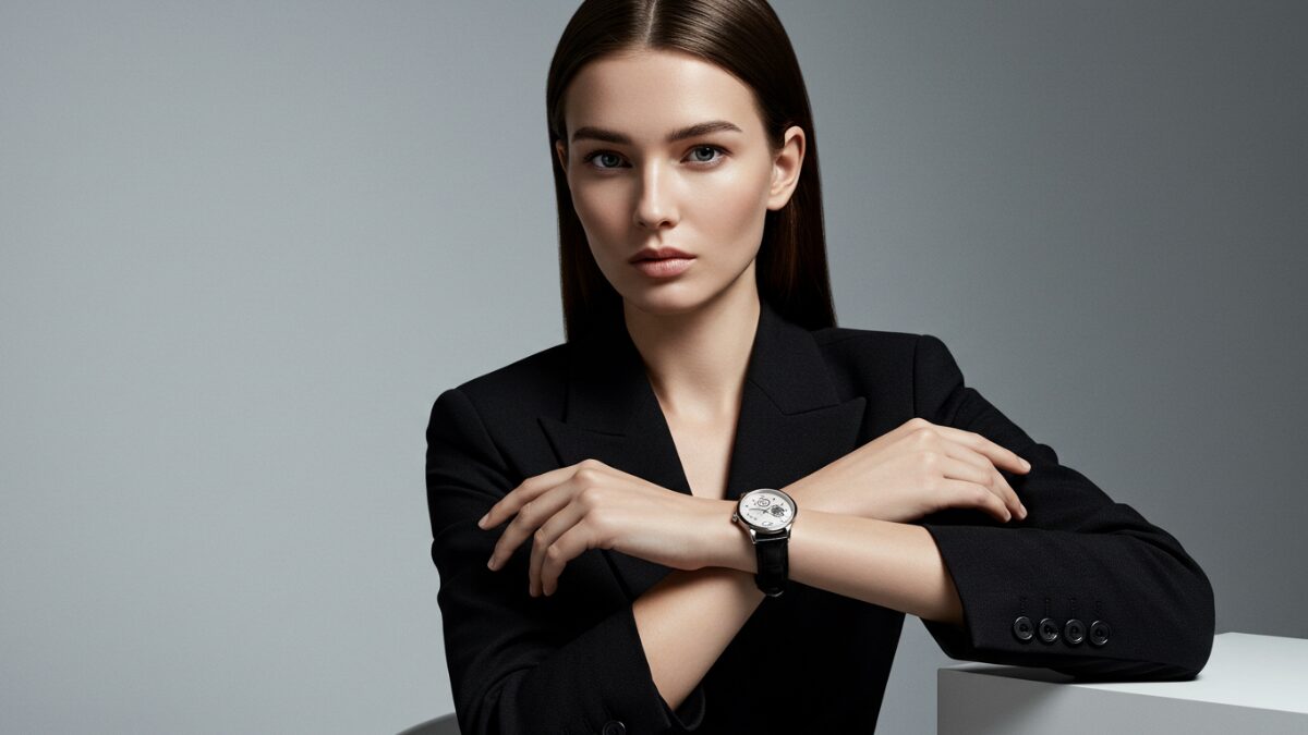 高級腕時計を身につけたモダンで洗練された女性モデルを、中腰のポートレートで撮影。手首の時計を強調しながらエレガントにポーズをとっている。自信に満ちた表情、すらりとしたヘアスタイルで、エレガントなドレスや仕立ての良いスーツなど、スタイリッシュな高級服を着ている。