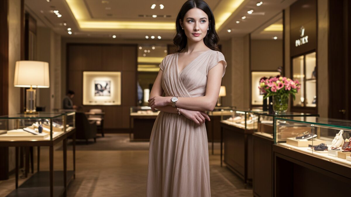 高級腕時計を身につけ、高級ファッションの中に優雅に佇む洗練されたエレガントな女性モデルの全身像。複雑なディテールが施された流れるようなイブニングドレスに身を包み、洗練されたハイヒールを履いている。自信に満ちた表情とどっしりと構えた姿勢からは、洗練された雰囲気が漂っている。