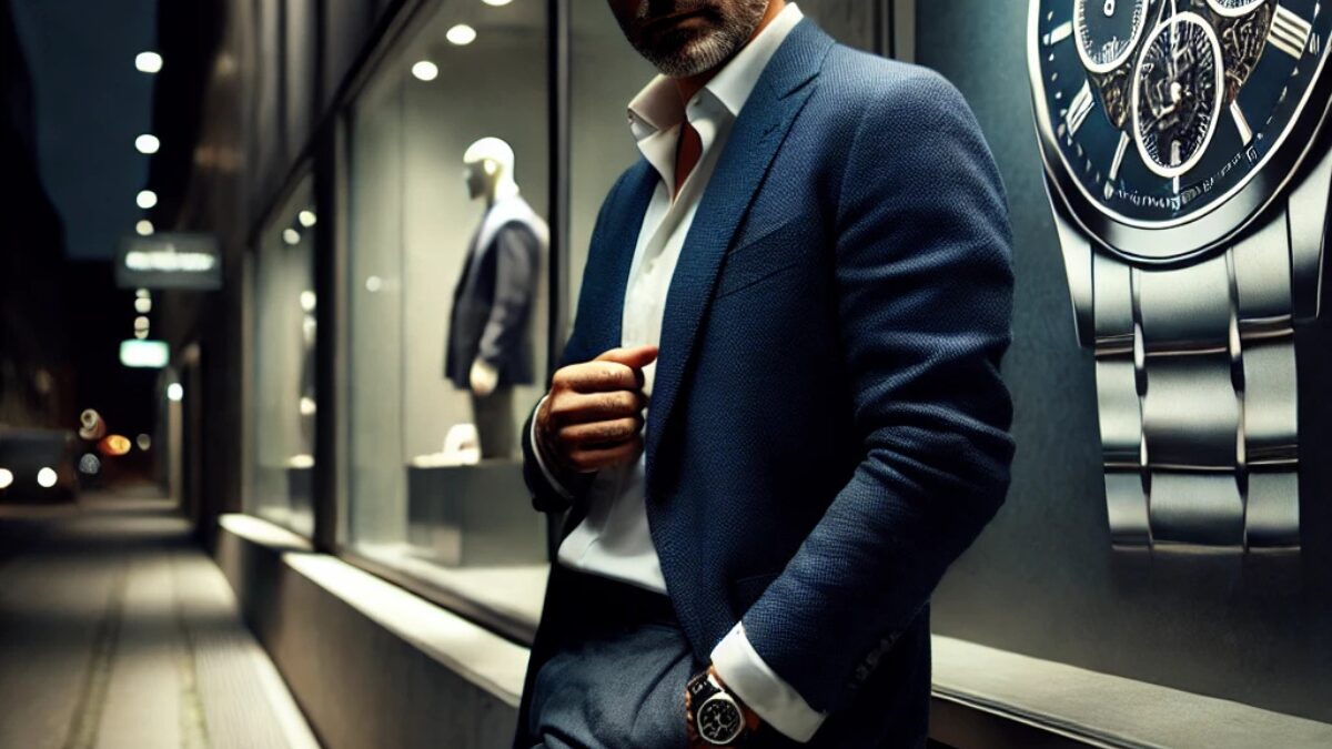  ダークで洗練された雰囲気、時計ブランドの広告が映り込むショーウィンドウ、そして落ち着いた表情の紳士