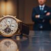 精巧な時計のディテールと、後ろにぼんやりと映る紳士のシルエットが、高級時計の魅力とストーリー性を演出