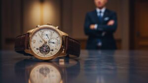 精巧な時計のディテールと、後ろにぼんやりと映る紳士のシルエットが、高級時計の魅力とストーリー性を演出