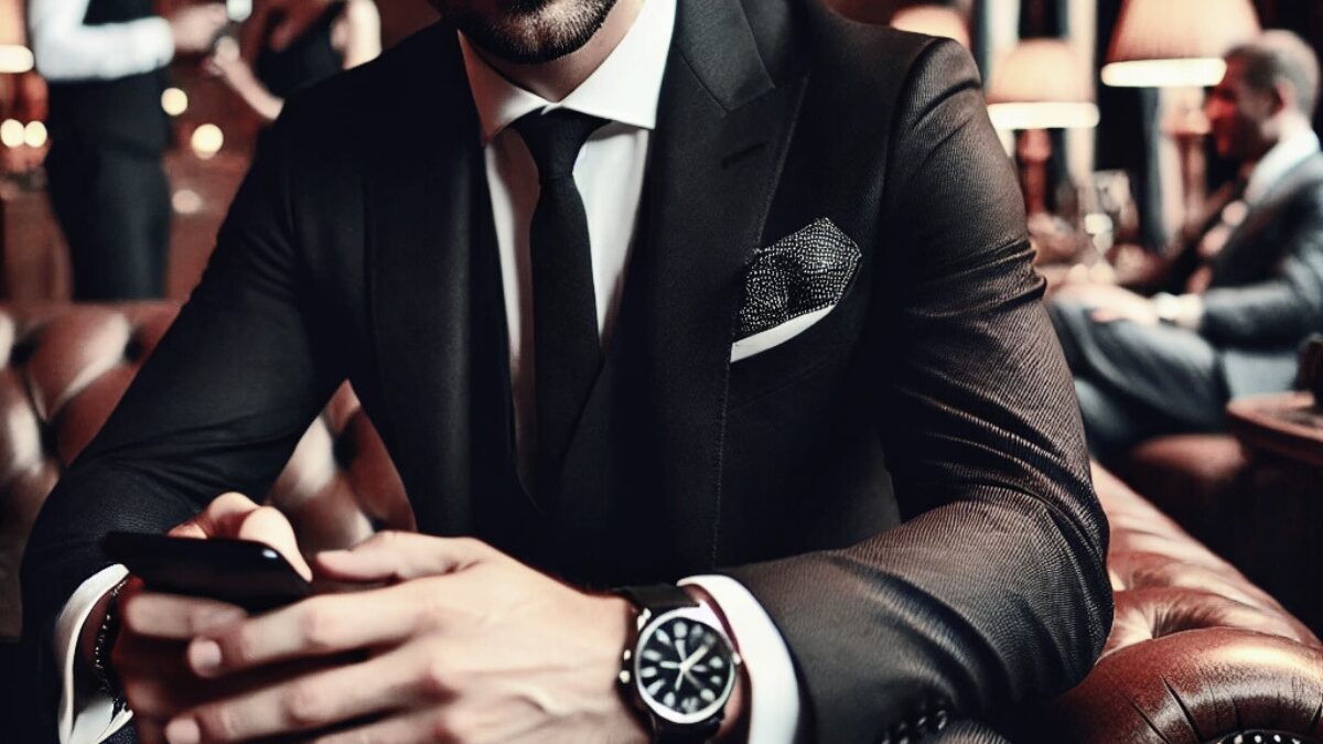 高級ラウンジの雰囲気、洗練されたスーツ姿の男性。