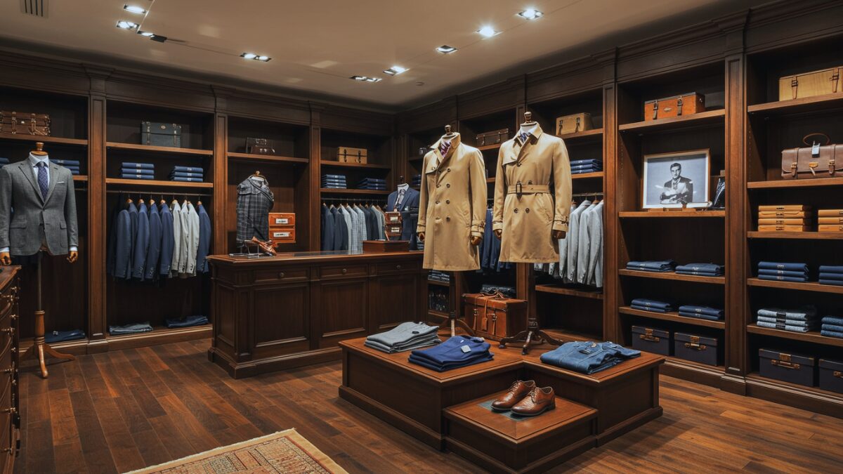 高級感あふれるメンズファッションブティック。クラシックでエレガントなインテリアデザインが特徴で、ダークウッドの棚には高級スーツやコート、アクセサリーが美しく並んでいる。温かみのある照明が洗練された雰囲気を演出。