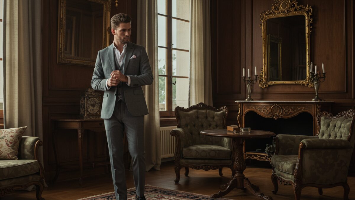 洗練されたグレーのスーツを着た紳士が、クラシックなヨーロッパ風の豪華なインテリアの中に立っている。部屋には深みのある木製のパネル、華やかな金縁の鏡、アンティーク調の装飾が施されている。大きな窓から柔らかく暖かい光が差し込み、上品な雰囲気を演出。