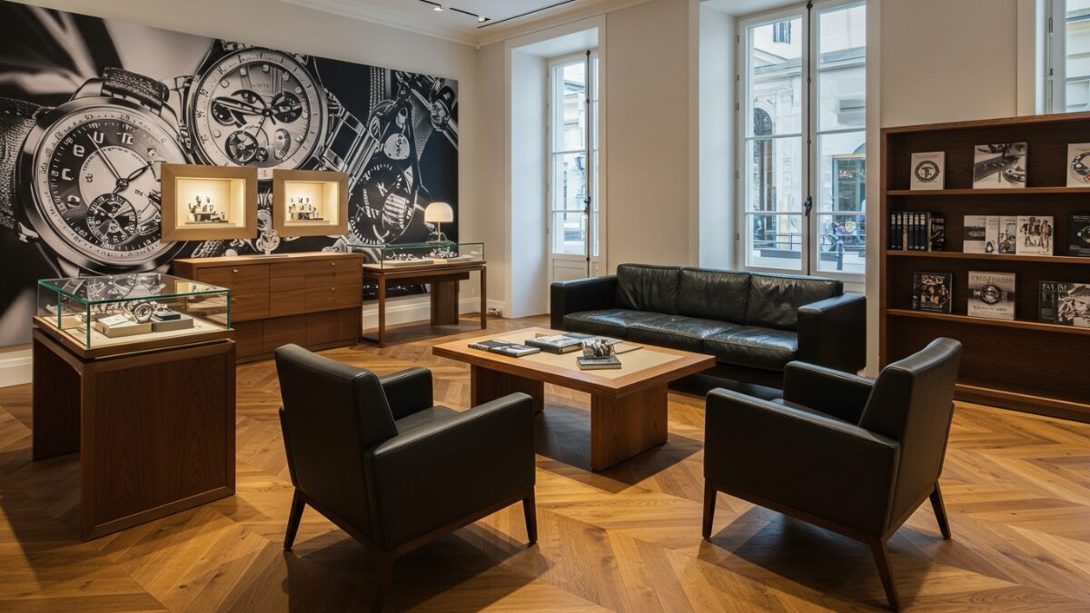 こちらがF.P.ジュルヌの店舗をイメージした、ラグジュアリーで洗練された空間の画像。高級感あふれるインテリアや時計のディスプレイが、まさにブランドの雰囲気。