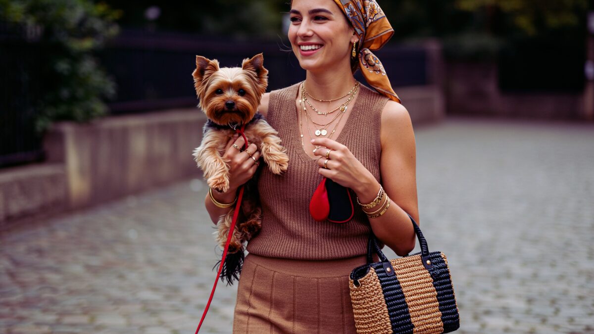 輝く笑顔のスタイリッシュな若い女性が、石畳の道を歩きながら、小さなヨークシャーテリアの犬を赤いリード付きで抱えている。彼女は、シックなノースリーブのブラウンニットトップと、それに合わせたロングスカートを着用。ゴールドのネックレスやブレスレットを重ね付けし、ブラックハンドルの編み込みバッグを持っている。