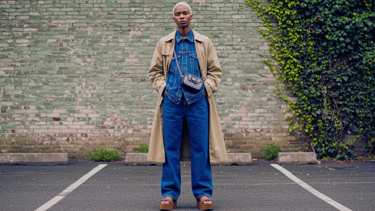 プラチナブロンドのショートヘアが印象的なスタイリッシュなアンドロジナスなモデルが、都会の駐車場に立ち、自信に満ちた表情でわずかに寄りかかるようにポーズを取っている。オーバーサイズのデニムジャケットとワイドレッグのデニムパンツを着用し、その上にクラシックなベージュのトレンチコートを羽織っている。小さなチェーンストラップ付きのクロスボディバッグが洗練されたアクセントとなり、足元にはブラウンのプラットフォームサンダル（ブルーストラップ付き）を合わせている。