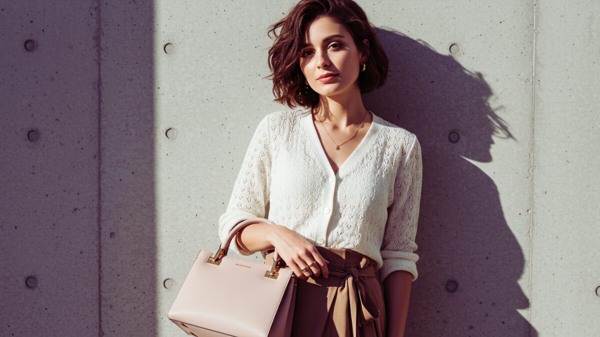 ショートボブの無造作なブラウンヘアが印象的なスタイリッシュな若い女性が、ミニマルなコンクリートの壁にもたれかかり、柔らかくも自信に満ちた視線を向けている。腕にはゴールドの金具が輝くストラクチャードなピンクベージュのレザーハンドバッグを無造作に持ち、首元と指にはゴールドのアクセサリーを身につけている。