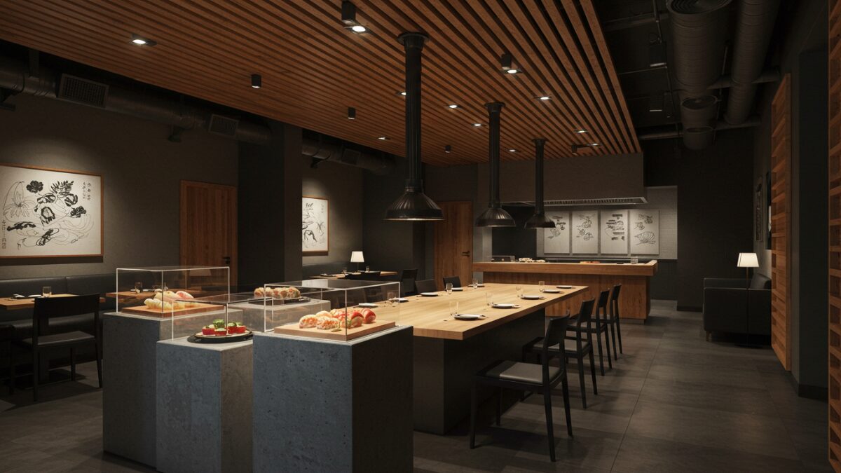 空港のラウンジをイメージした画像。モダンでミニマリストなレストランの内装。長い木製テーブルが黒い椅子に囲まれ、天井には温かみのある木製パネルが施されている。産業的なデザインの黒いパイプや通気口と対照的なデザイン。柔らかい間接照明が、洗練された居心地の良い雰囲気を演出。手前には、コンクリートの台座の上にガラスケースに収められた高級な和食が展示されている。