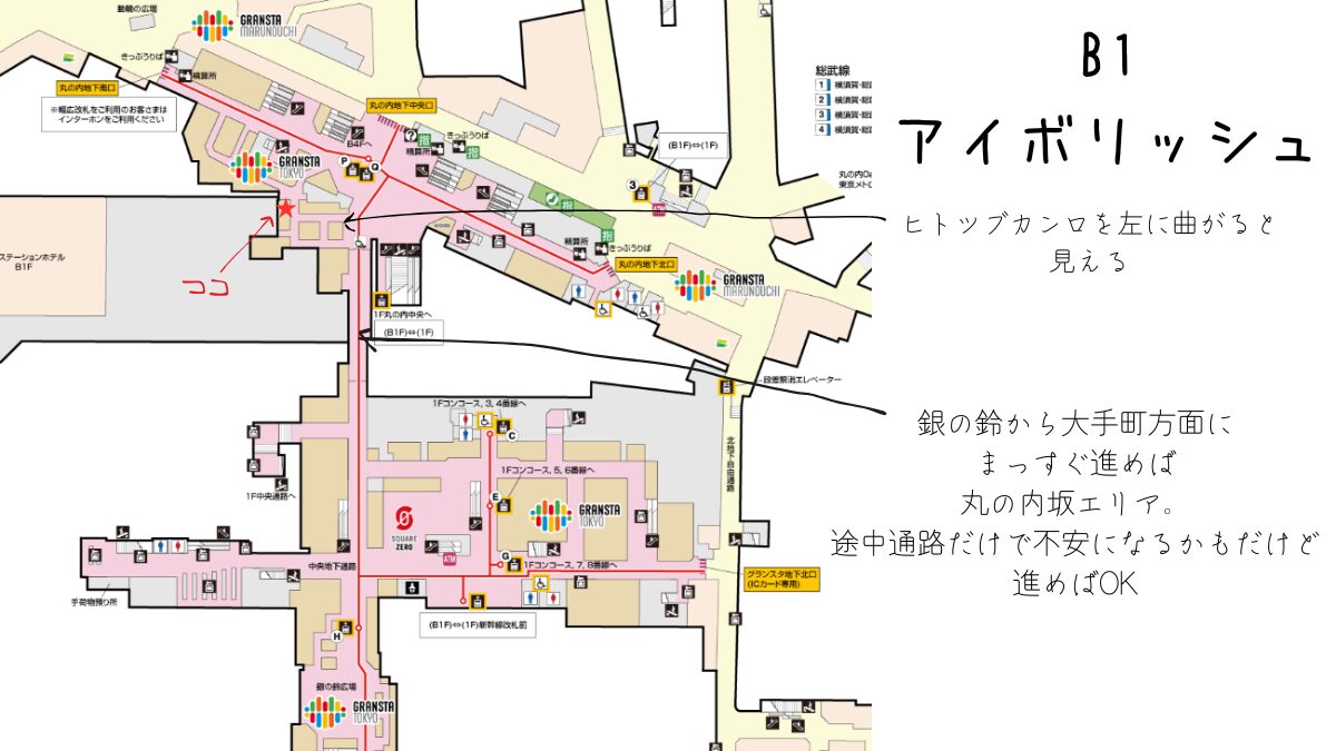 東京駅構内アイボリッシュへの案内図