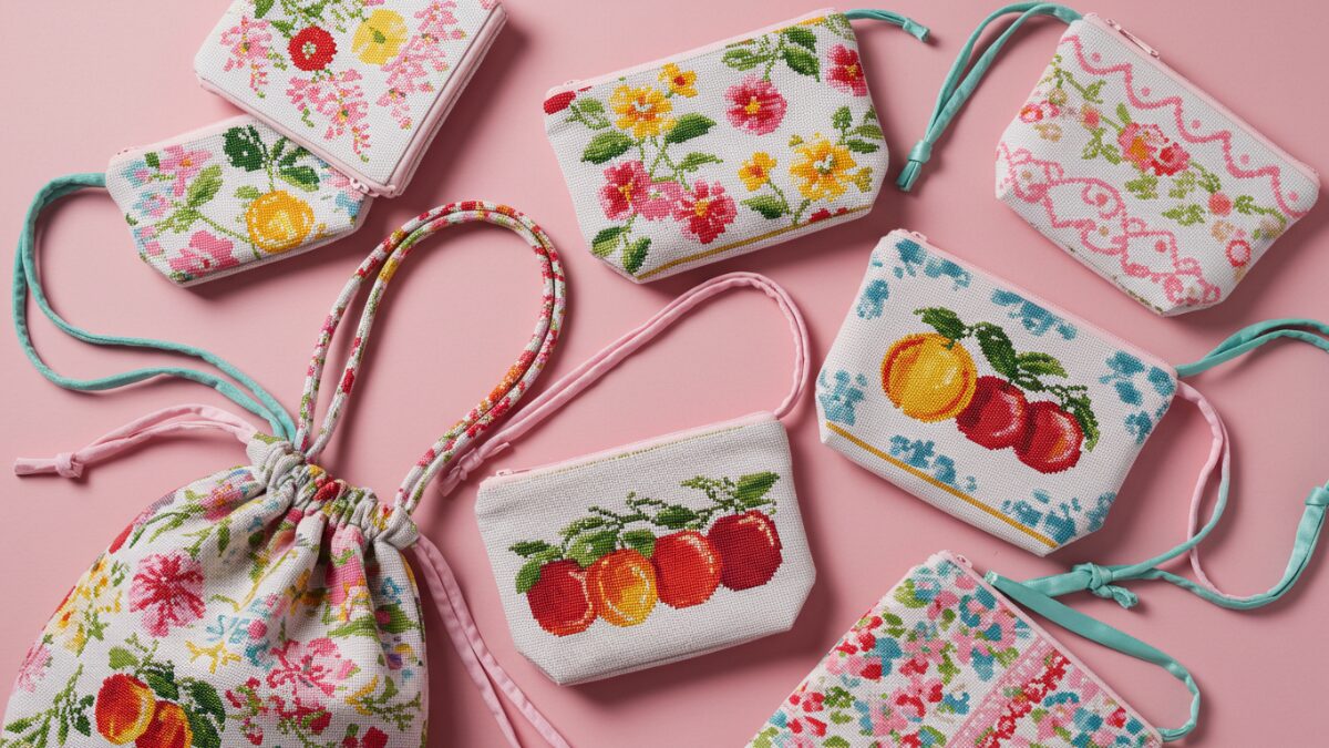 ピンクの背景に華やかな花柄やクロスステッチ風のバッグやポーチが並び、リボンやフルーツの装飾がエレガントで可愛らしい雰囲気を演出