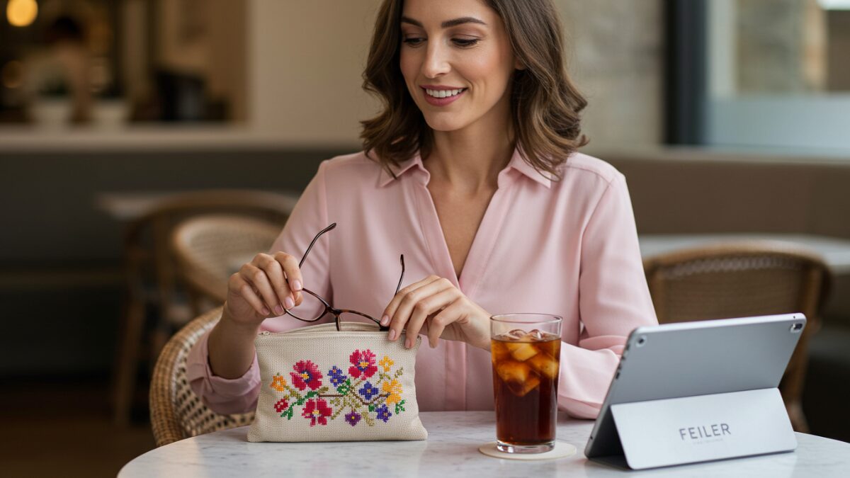 フェイラーのブランドイメージを表現した、カフェでくつろぐ女性のワンシーン。やわらかな光が差し込む空間で、女性がクロスステッチ風の花柄デザインのポーチから眼鏡を取り出している。