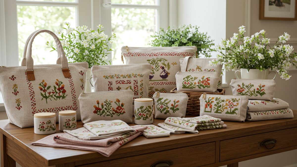 ナチュラルな光が差し込む空間に、上品なクロスステッチ風のバッグやポーチ、小物が美しく並び、植物が優雅な雰囲気