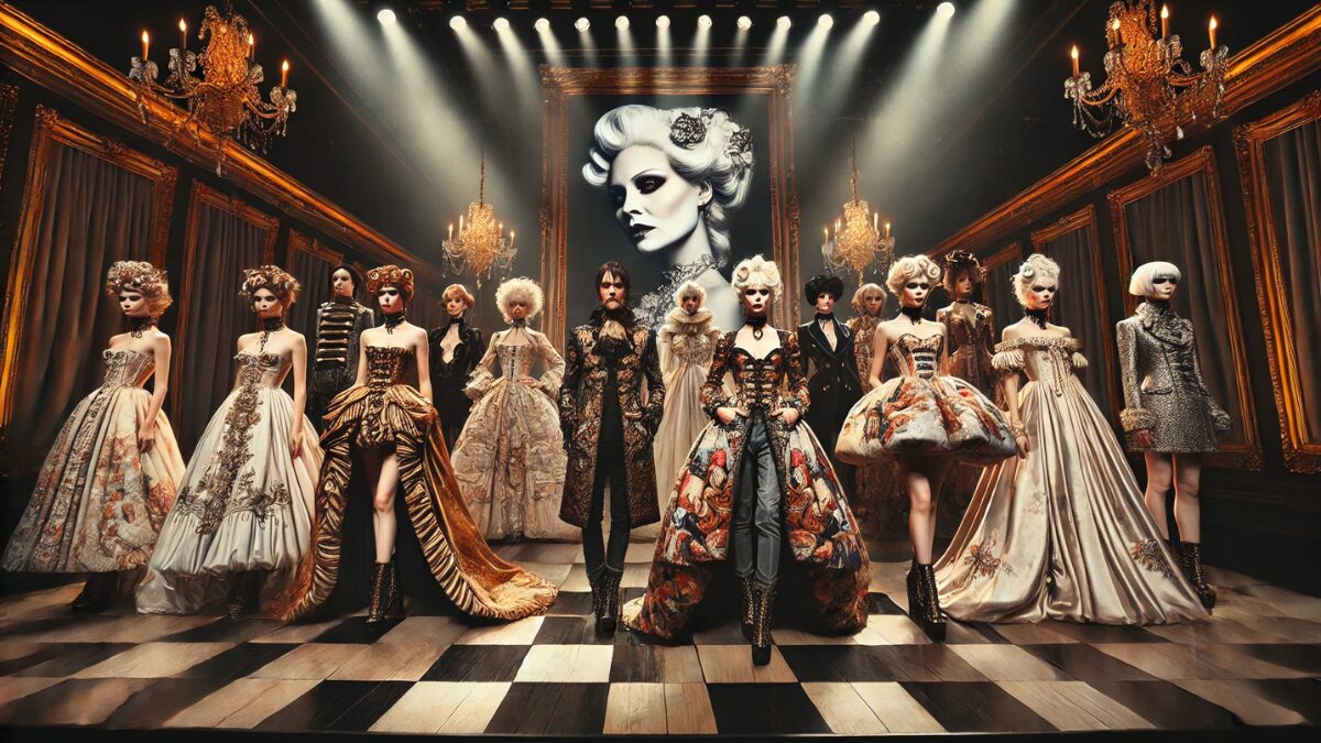 バロック調の豪華なドレス、ビクトリアンスタイルの装飾、ドラマチックなランウェイの照明が美しく表現されています。センターに立つカリスマ的な人物