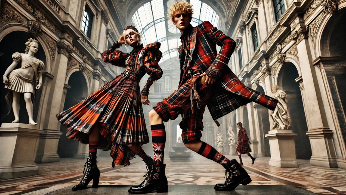 ヴィヴィアン・ウエストウッドの象徴的なタータンチェックを取り入れた、アヴァンギャルドなファッションシーン。宮殿のような豪華なバロック建築の背景で、華麗にポーズをとる男女のモデル。