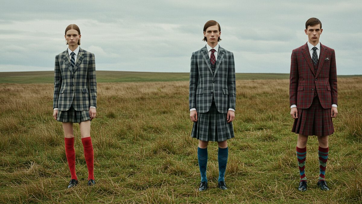 ヴィヴィアン・ウエストウッドのアイコニックなタータンチェックを取り入れたファッション撮影。広大な田園風景の中、クラシックなチェック柄のスーツやスカートをまとったモデルたちが佇んでいる。