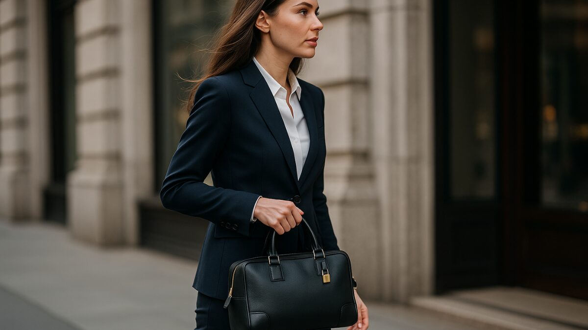 ロエベの黒いアマソナを持つ女性が歩いている様子