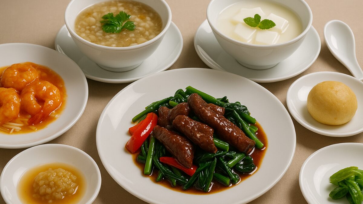 ランチコースの料理イメージ：黒毛和牛・海老・もち麦スープ・杏仁豆腐