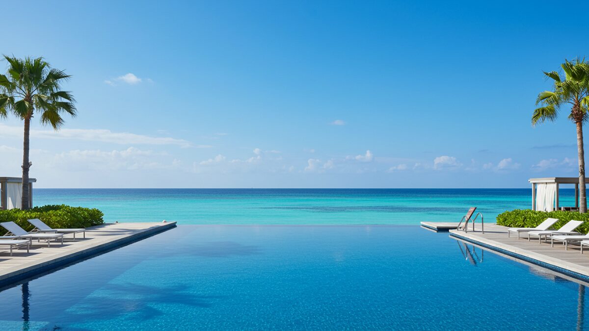 沖縄の膿が一望できるプールサイドの様子。空と海の青が綺麗な写真