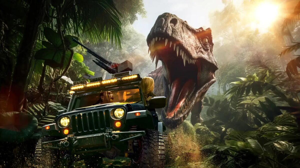 ジャングリアのアトラクションのイメージ画像。ティラノサウルスが追いかけてきている様子