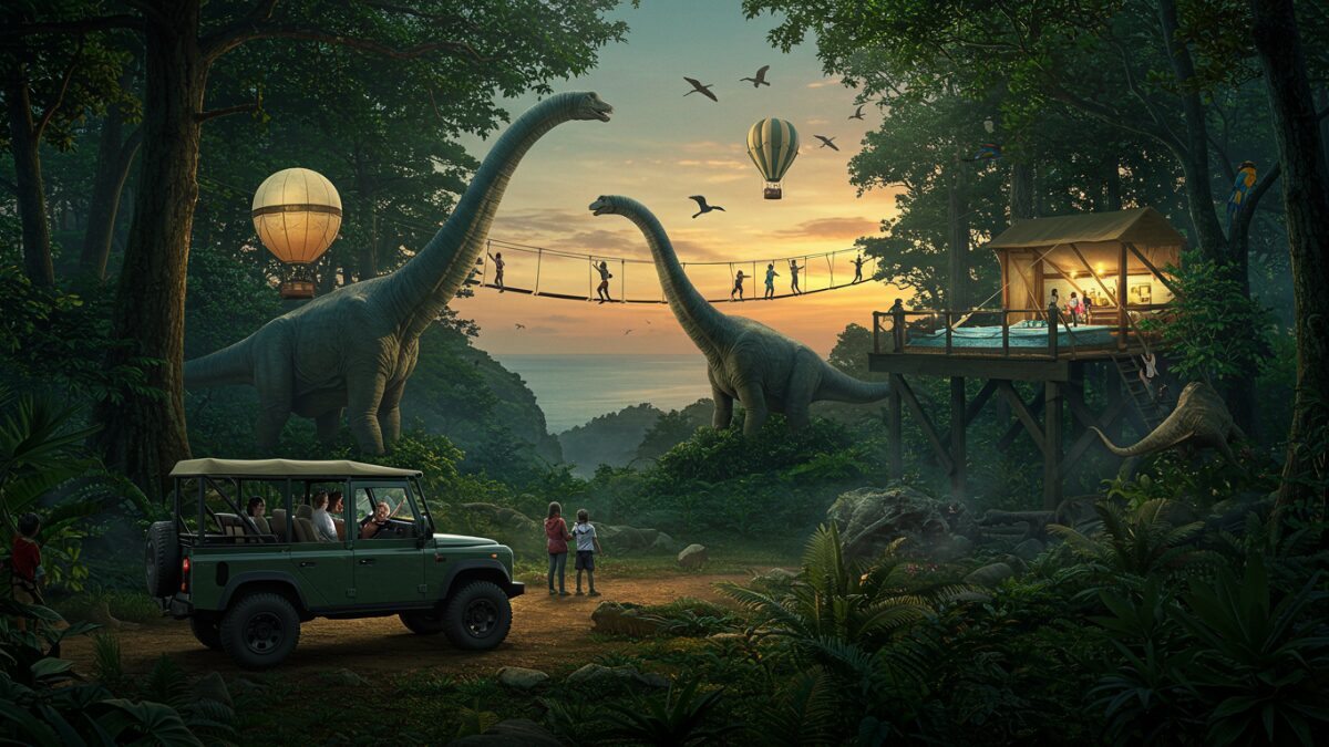 ジャングリラのイメージ画像。恐竜がいるJungleをジープで進むアトラクションのイメージ。