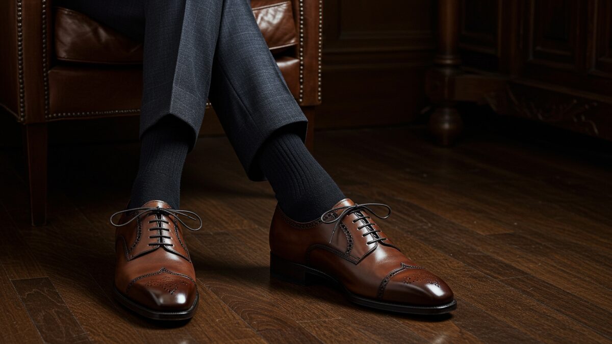 A moody, cinematic shot of a gentleman’s dressing room with dark oak flooring, leather-bound books, and a half-open wardrobe of tailored suits. On a vintage shoe rack, a pair of John Lobb cap-toe Oxfords are perfectly aligned. Warm morning light filters through a window, casting soft shadows. The mood is private, luxurious, and quintessentially British.