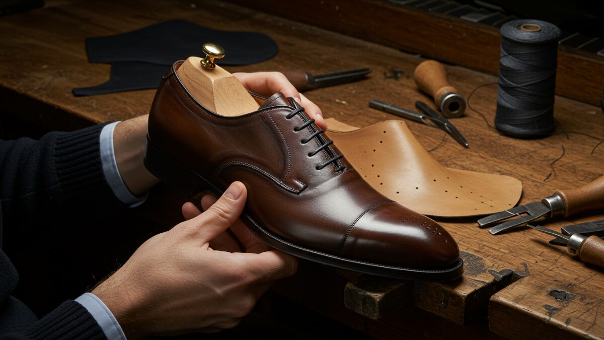 A close-up studio shot of a craftsman’s hands carefully stitching the welt of a leather Oxford shoe. The lighting emphasizes the fine grain of the calf leather and the precision of the construction. On the wooden workbench, classic tools and thread rolls surround the partially finished John Lobb shoe. The scene evokes traditional shoemaking excellence, patience, and understated luxury.