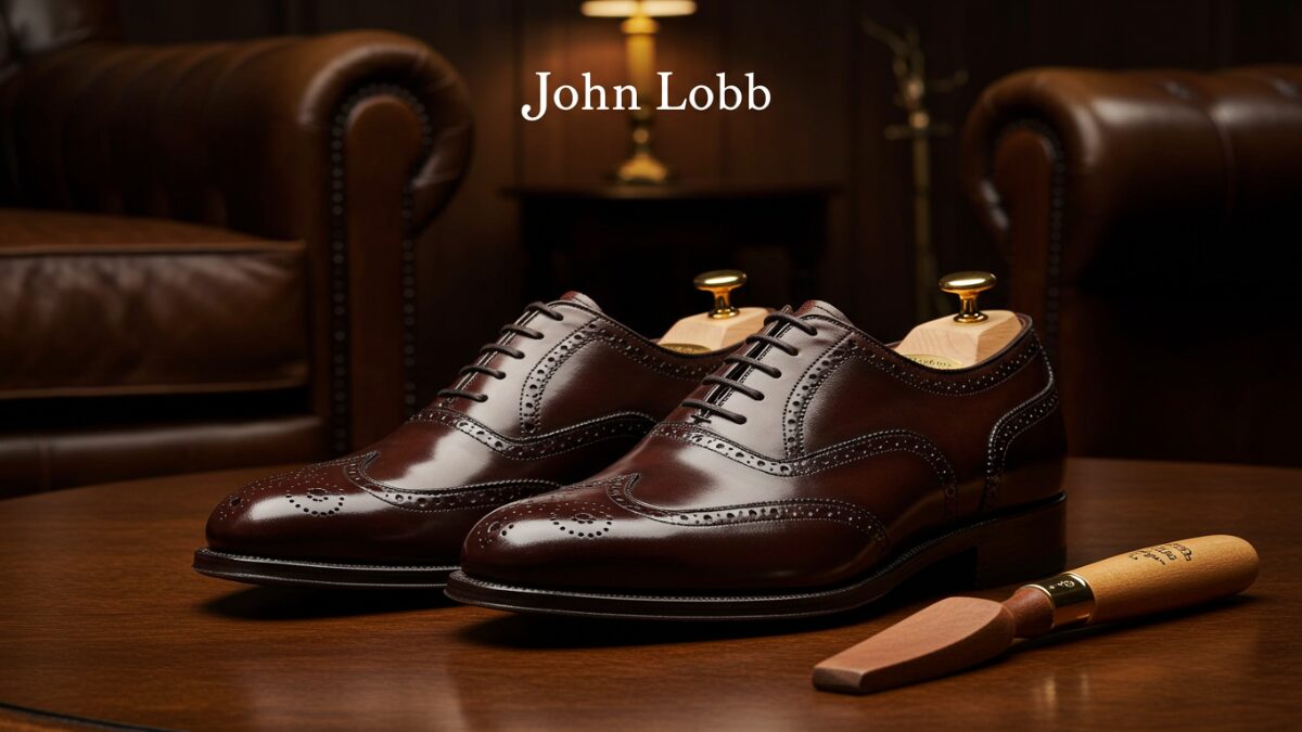 A still life image representing the brand image of John Lobb. A pair of dark brown full brogue Oxford shoes, immaculately polished, placed carefully next to a wooden shoehorn. The background features classic British elements: dark wooden furniture, a leather armchair, and warm ambient lighting. Soft natural light highlights the texture of the leather. The overall tone is refined, elegant, and subdued, subtly evoking timeless luxury. The brand name "John Lobb" appears discreetly in the background.