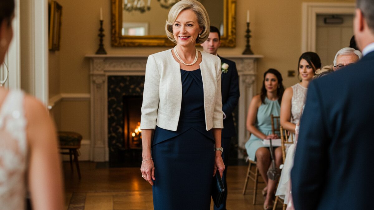 中高年女性がネイビーのドレスと白いジャケットでパーティーに出席している様子