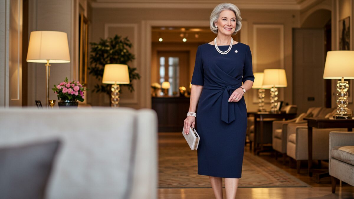 中高年女性がネイビーのドレスで歩いている様子