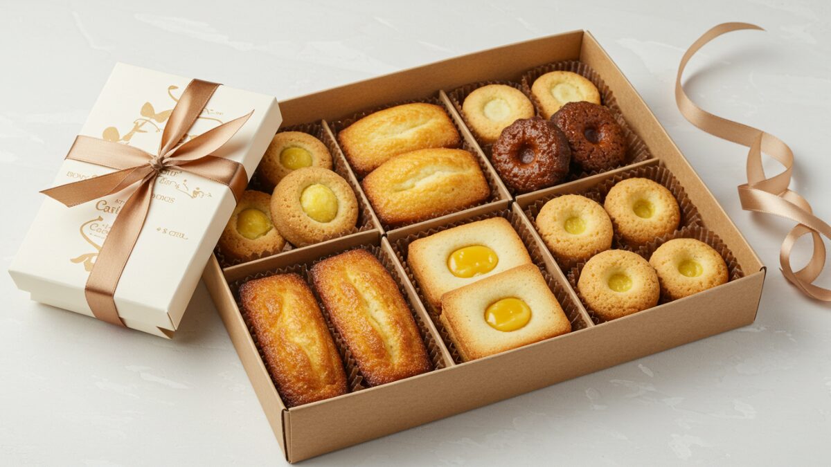 A premium gift box filled with elegant sweets such as financiers, langue de chat cookies, butter sandwiches, and castella. Beautifully wrapped with ribbons and decorative packaging. White clean background for a high-end look.