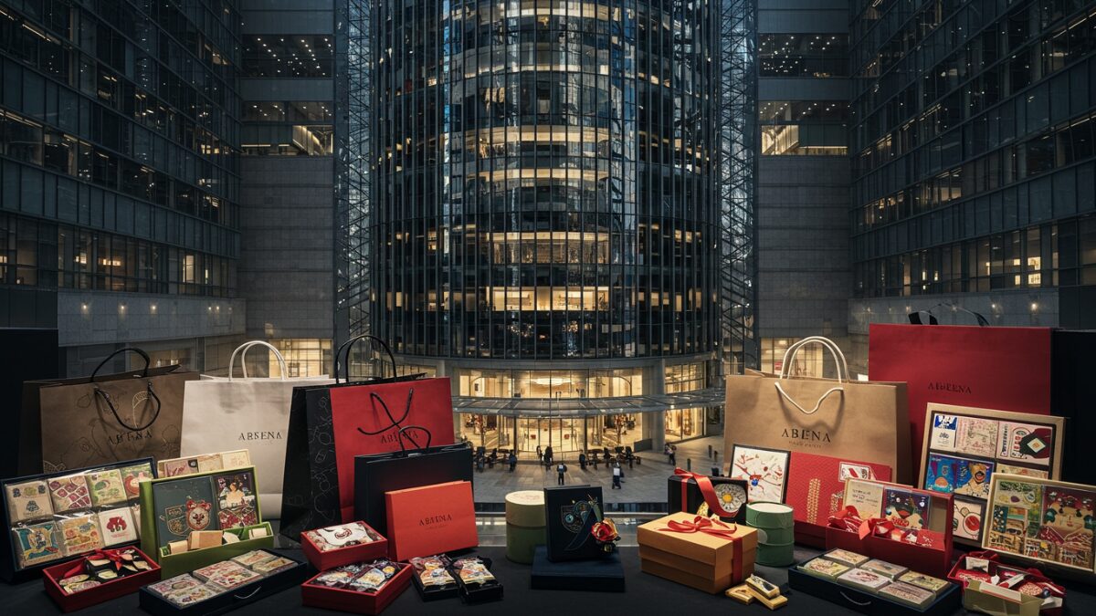The exterior view of Abeno Harukas, the tallest skyscraper in Osaka, with gift bags and souvenir boxes in the foreground. Bright, stylish, and luxurious atmosphere suitable for travel and shopping imagery.