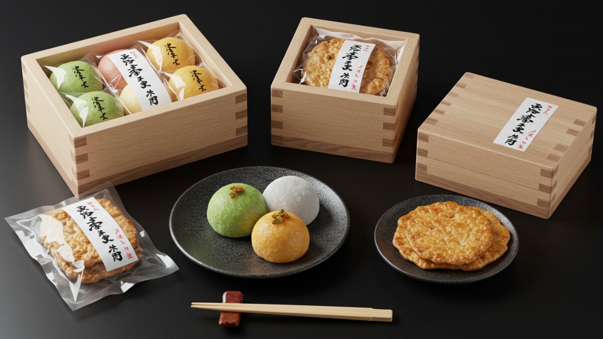 A refined Japanese-style table setting with wagashi souvenirs, including yokan, mochi similar to Akafuku, and assorted rice crackers. Wooden boxes and washi paper packaging add an authentic and luxurious touch.