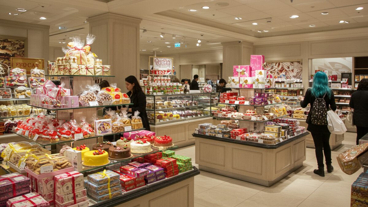 A lively department store food floor scene with colorful cakes, cookies, and gift boxes displayed in glass showcases. Shoppers selecting souvenirs in a bright and elegant atmosphere.