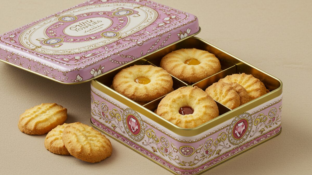 A close-up of a decorative cookie tin inspired by jewel box design, filled with colorful butter cookies and langue de chat. Stylish packaging with luxurious details, perfect for gift-oriented imagery.
