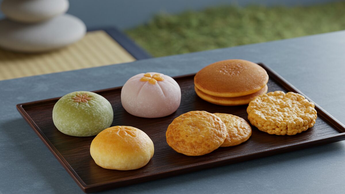 Close-up shot of traditional Japanese wagashi: yokan, dorayaki, daifuku, and rice crackers arranged neatly on a Japanese tray. Minimalist background for a refined, authentic look.
