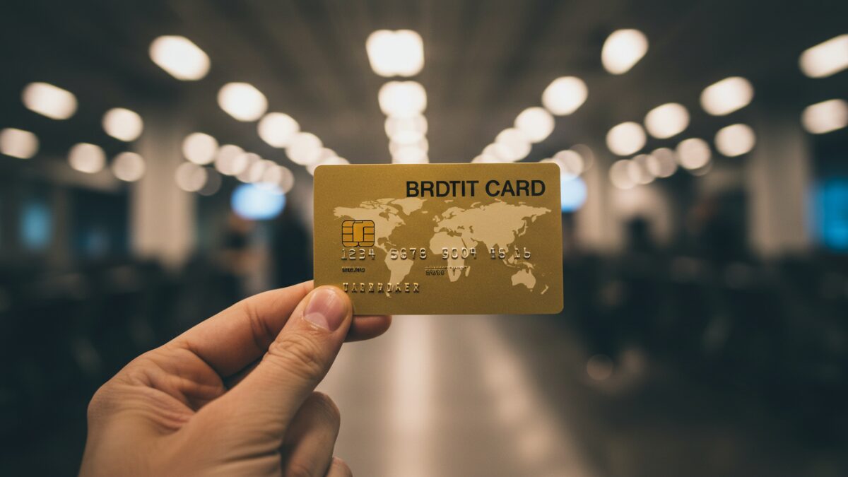 ゴールドカードを持つ手のアップ。背景は空港ラウンジでぼかし処理。