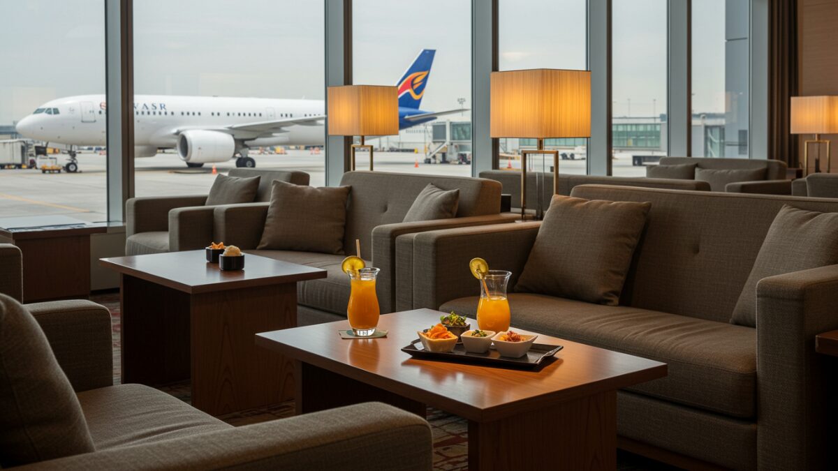 空港ラウンジ全景。窓越しに飛行機、テーブルに2人分のドリンクと軽食。暖色系で高級感。