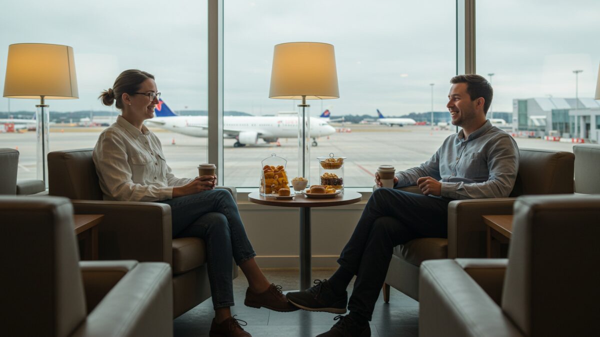  2人がコーヒーや軽食を楽しみながら談笑。背景に飛行機。