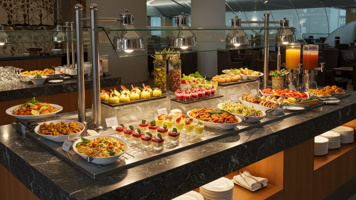 空港ラウンジのビュッフェ台。色鮮やかな料理・スイーツ・ドリンクが並ぶ。