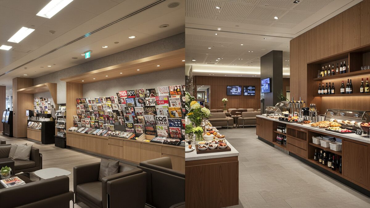左が国内ラウンジ（コーヒー・雑誌）、右が海外ラウンジ（ワイン・ビュッフェ）の比較。