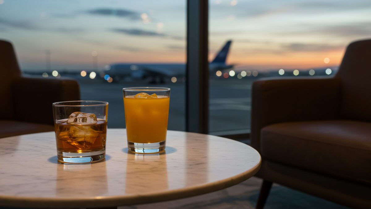 窓際のテーブルに2人分のドリンク。外には飛行機がぼんやり見える。