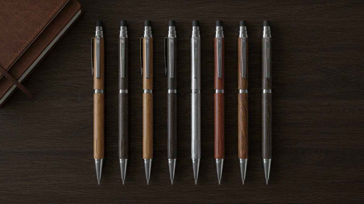 「A top-down flat lay photo of ten luxury mechanical pencils arranged neatly on a dark wooden desk. Includes metal and wood body designs, with a premium leather notebook in the background. Soft natural lighting, realistic photo style, no text or illustrations.」