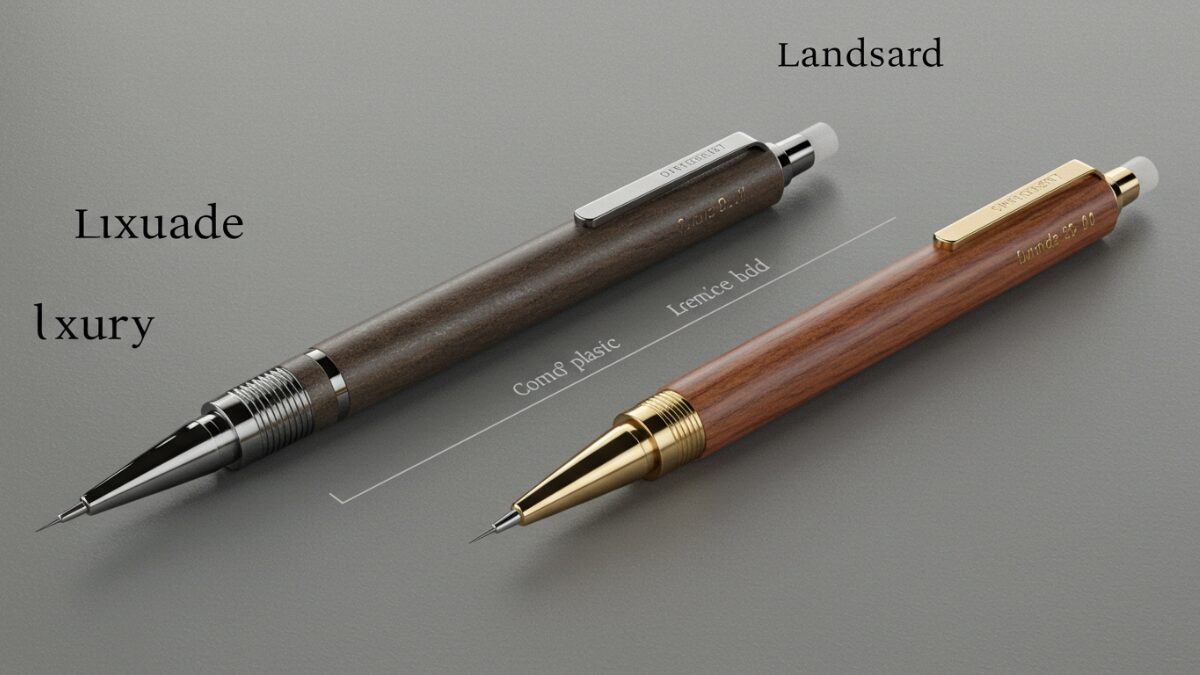 「Side-by-side comparison of a luxury mechanical pencil made of metal or wood and a generic plastic mechanical pencil, on a neutral grey tabletop. Both pencils are labeled subtly as 'Luxury' and 'Standard'. Realistic photo style, soft studio lighting.」