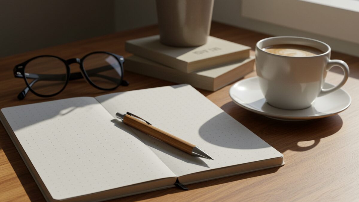 「A cozy home desk scene with a luxury wooden mechanical pencil resting on a dotted journal, next to a cup of coffee and reading glasses. Natural morning light from a window. Realistic photography.」