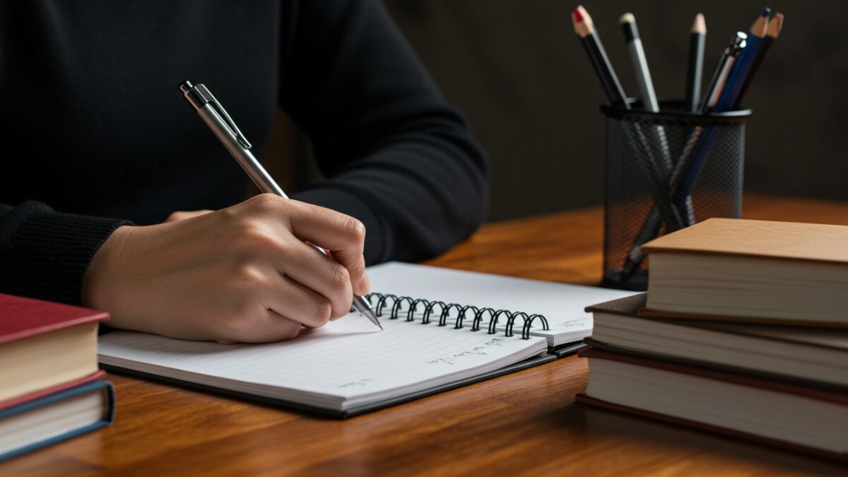 「A student writing notes in a spiral notebook with a sleek mechanical pencil. Books and stationery scattered on the wooden desk. Side view with shallow depth of field. Realistic photo style.」