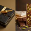 Side-by-side comparison image: on the left, authentic luxury Dubai chocolate brand gift box (Patchi style, gold and black elegant design). On the right, casual Dubai-style chocolate bar with pistachios and kadaif visible. Clear contrast in style and presentation.